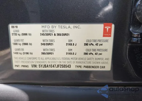 2018 Tesla Model S 100D/75D/P100D из США, поврежденный, VIN 5YJSA1E47JF258543
